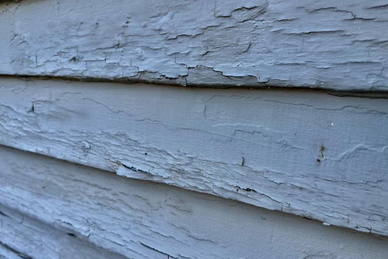 The exterior of a house, showing cracked and blistered blue paint.