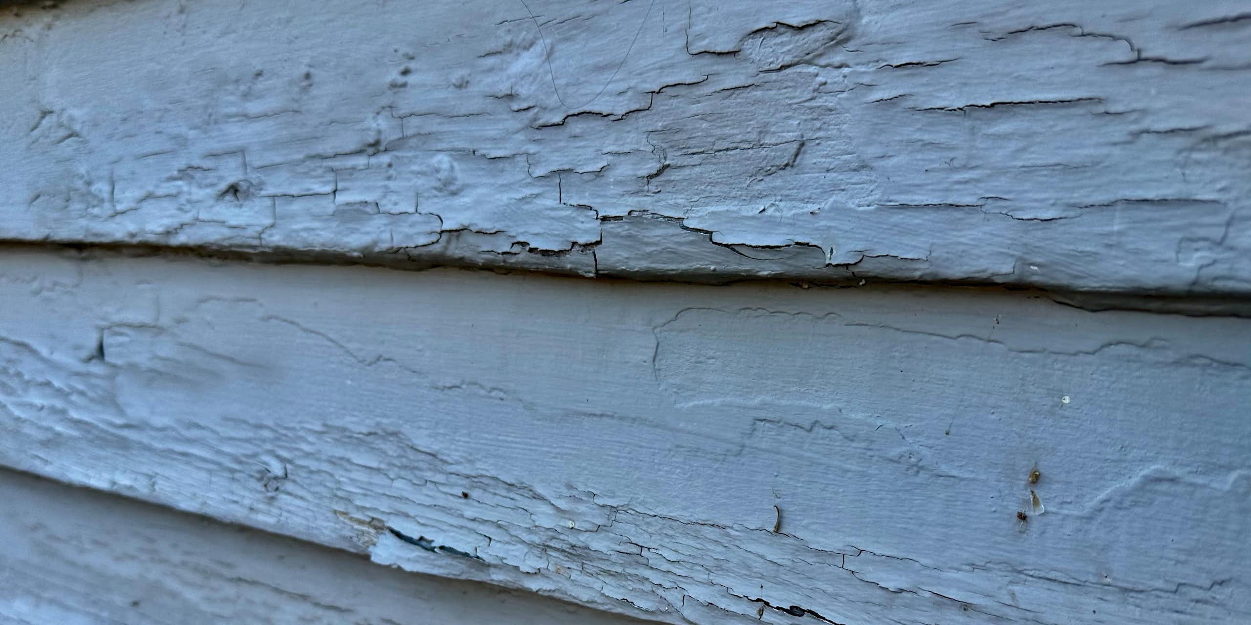 The exterior of a house, showing cracked and blistered blue paint.
