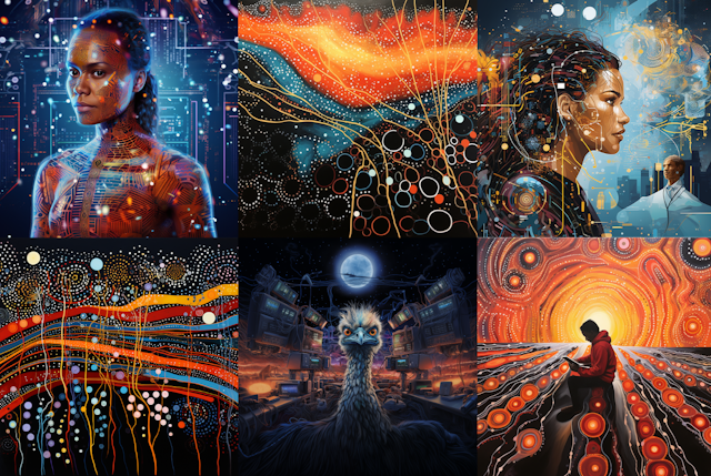 A collage of orange, amber and navy coloured generic artwork featuring dark skinned people, emus and dot painting
