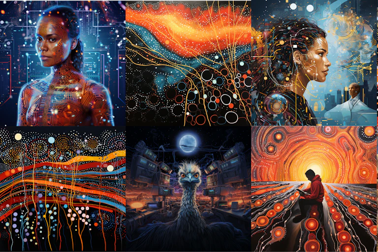 A collage of orange, amber and navy coloured generic artwork featuring dark skinned people, emus and dot painting