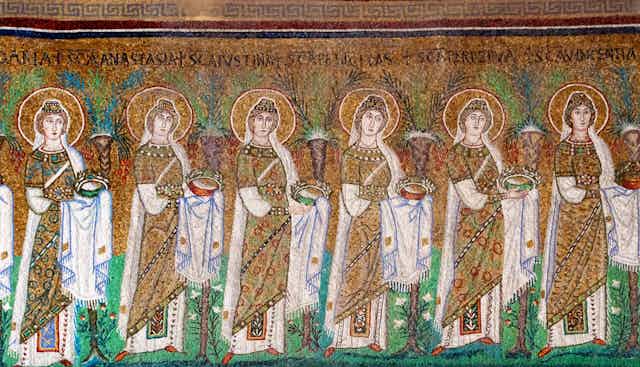 A gold and green mosaic showing six women, including Perpetua.