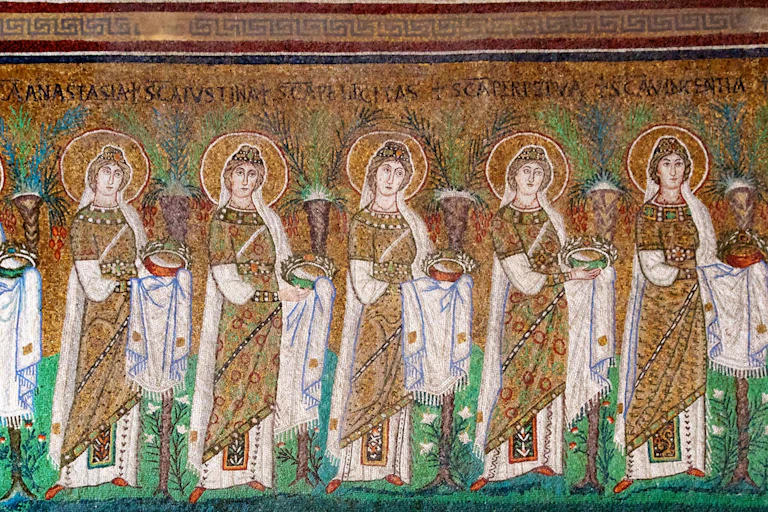 A gold and green mosaic showing six women, including Perpetua.