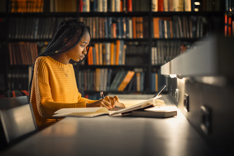 A woman studying in a university library.
