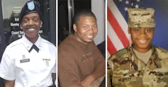 Three Black soldiers smile for the cameras in separate photos.