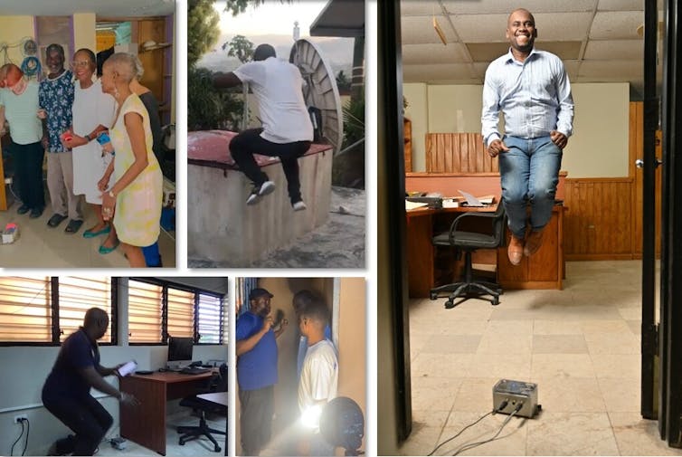 Des sismo-citoyens sautent près de leur sismographe le 12 janvier 2023, à 16h53