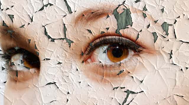 Peeling poster of close up of young woman's face