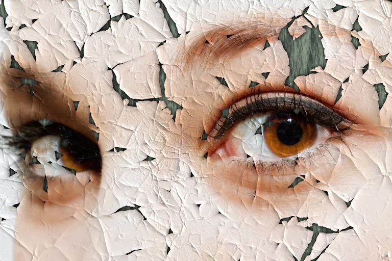 Peeling poster of close up of young woman's face