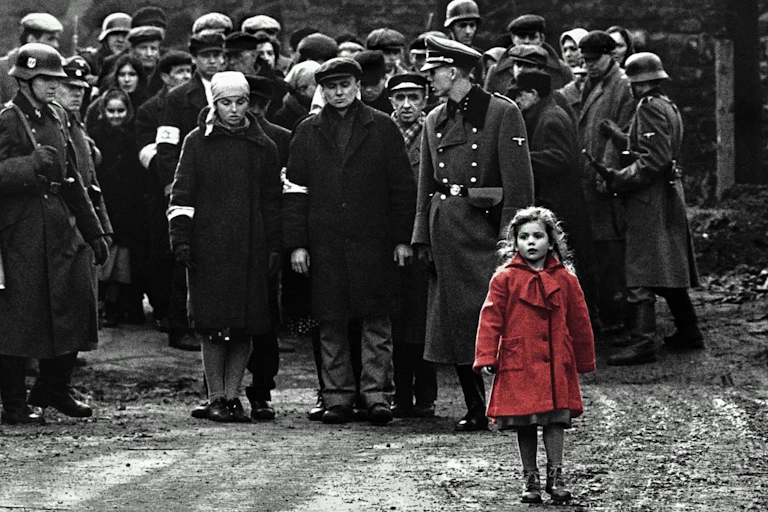 Fotografía en blanco y negro de prisioneros judíos con una niña con un abrigo rojo delante.