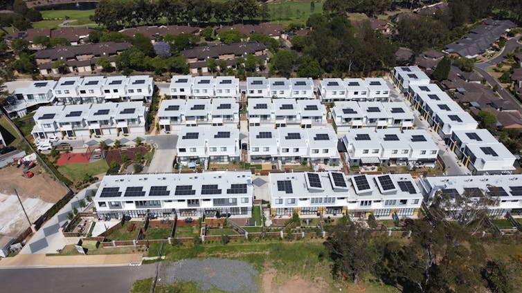 Rooftop solar panels on a new development of townhouses