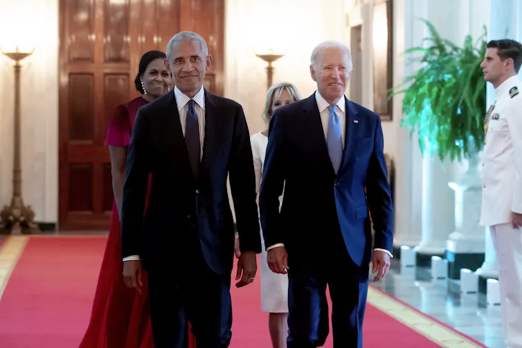 Barack and Michelle Obama accompany Joe and Jill Biden for the unveiling of the Obama's official White House portraits, September 2022.
