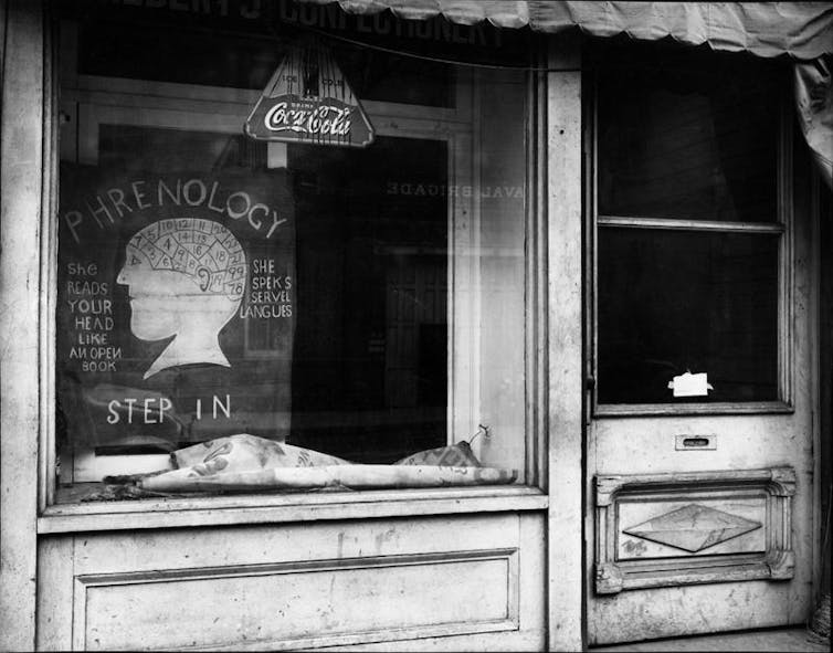 An old shop window with a large phrenology sign
