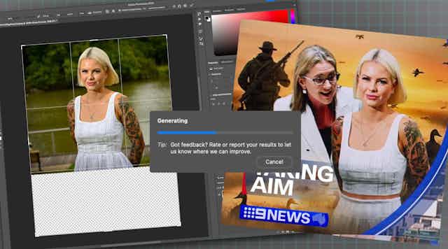 An image of Georgie Purcell being manipulated in photoshop with an example of Channel Nine's photo manipulation of Purcell
