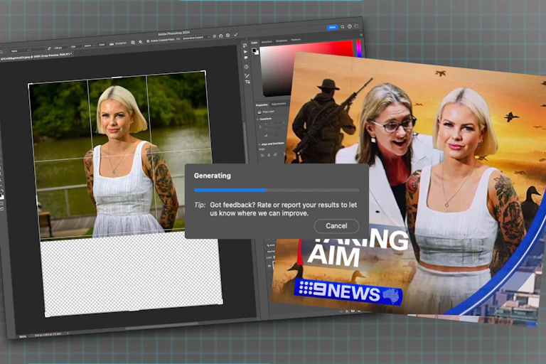 An image of Georgie Purcell being manipulated in photoshop with an example of Channel Nine's photo manipulation of Purcell