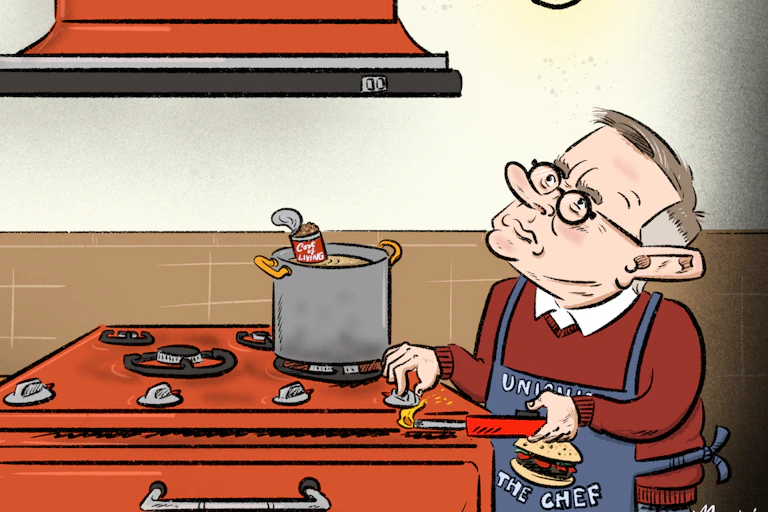 Cartoon of Treasurer Jim Chalmers turning the gas valve off, holding a final reminder bill, as PM Anthony Albanese looks worried at the light on the ceiling, about to cook something on the gas stove.