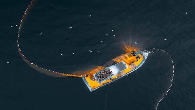 Drone view of fishing trawler on sea