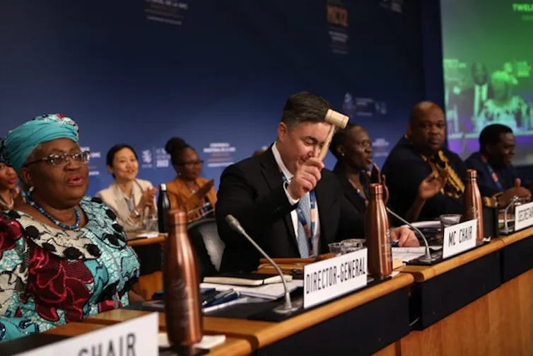 A man in a suit brings down the gavel after agreement was reached on fisheries subsidies at the WTO meeting in 2022.