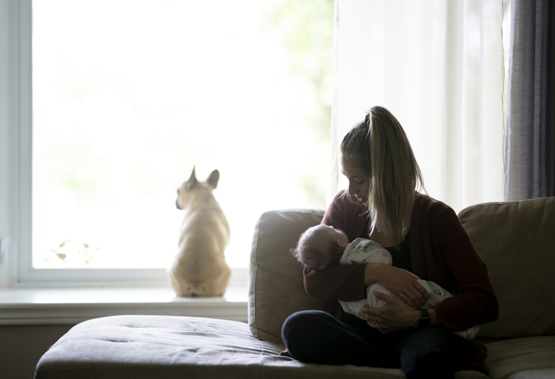 A woman sits on a couch with an infant while a small dog looks out the window behind her.