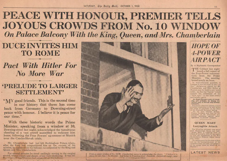 Front page of Daily Main from October 1938 reacting to Neville Chamberlain's Mu8nich agreement with Nazi Germany.