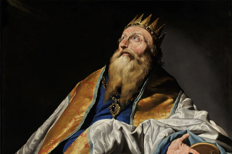 Painting of old man David with a crown and robes