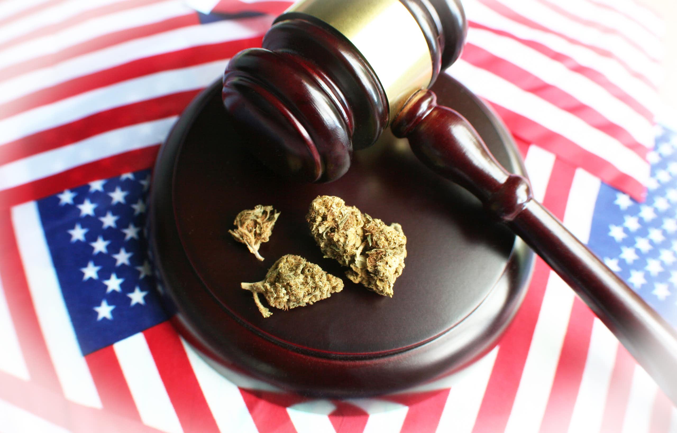 A few buds of marijuana sit on a sound block next to a judge's gavel. American flags are in the background.