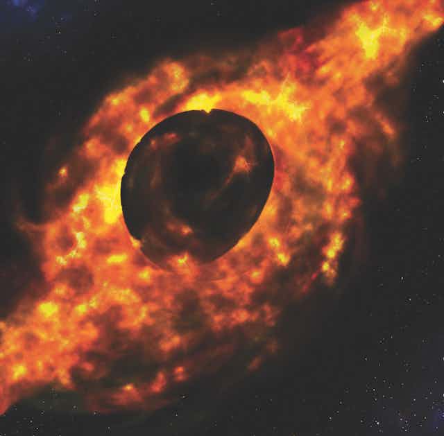 An illustration showing a black orb surrounded by an ominous, swirling disk that glows in red and orange.