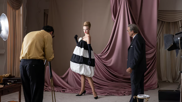 A woman in a very fancy black and white dress being photographed in a studio while the designer looks on.