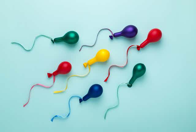 Colorful balloons in spermatozoid shape on blue.