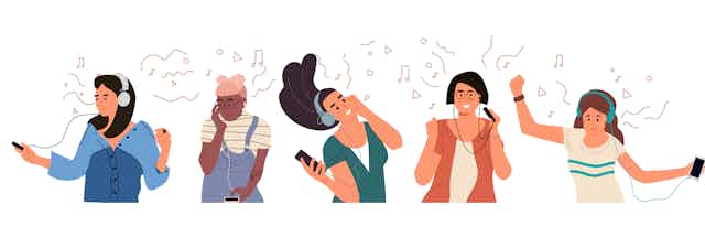 Vector illustration of young stylish people listening to headphones and dancing to music