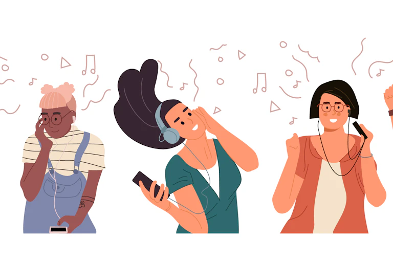 Vector illustration of young stylish people listening to headphones and dancing to music