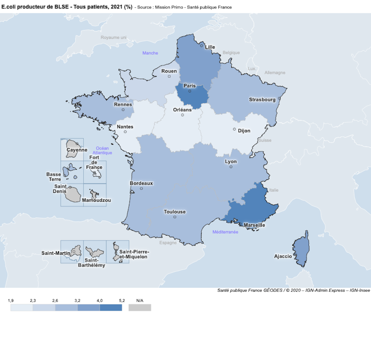 Carte indiquant les pourcentages de bactéries E. coli résistantes aux antibiotiques détectées sur le territoire français.