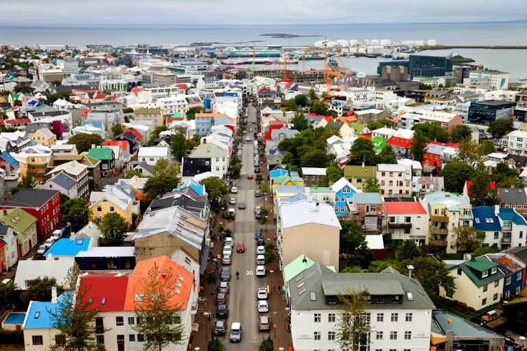 A city viewed from above looking out to sea.