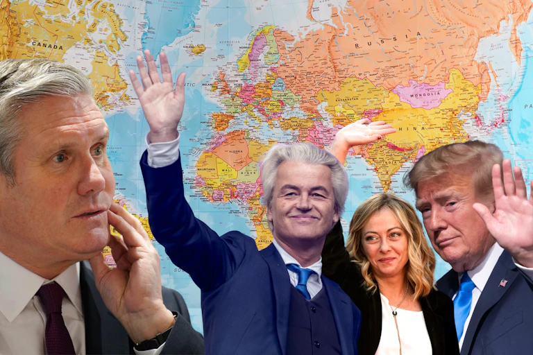 A composite of images of Keir Starmer, Geert Wilders, Giorgia Meloni and Donald Trump