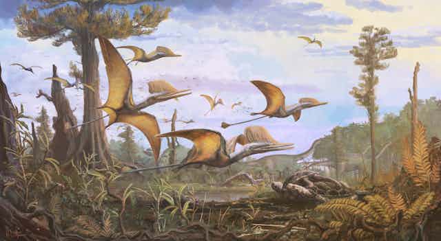 Painting of flying reptiles in Jurassic landscape