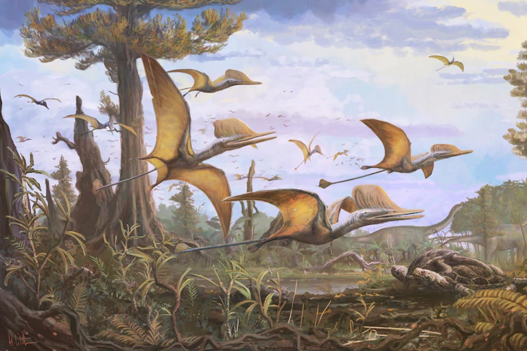 Painting of flying reptiles in Jurassic landscape