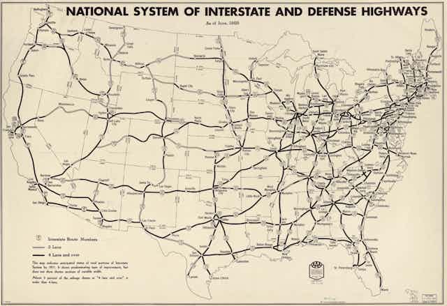 A black and white map of the United States showing the interstate and defense highways, as of 1958.
