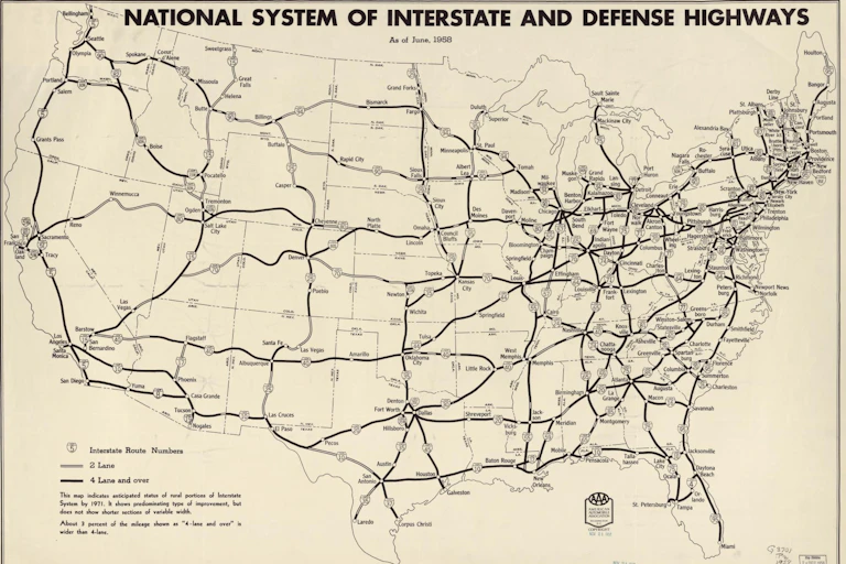 A black and white map of the United States showing the interstate and defense highways, as of 1958.