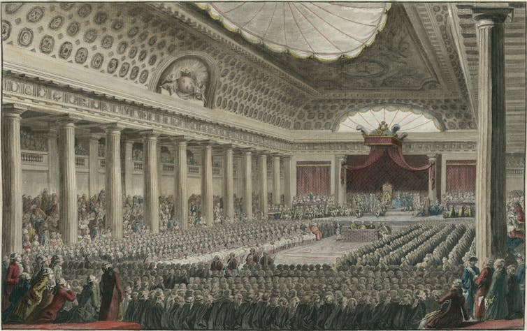 A painting of hundreds of people gathered in a large building.