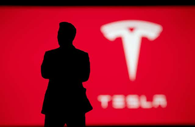 Elon Musk silhouette against Tesla sign background.