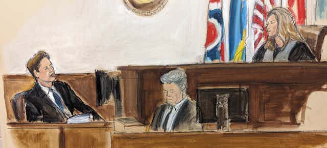 Courtroom sketch with two men in suits and a woman in judicial garb.