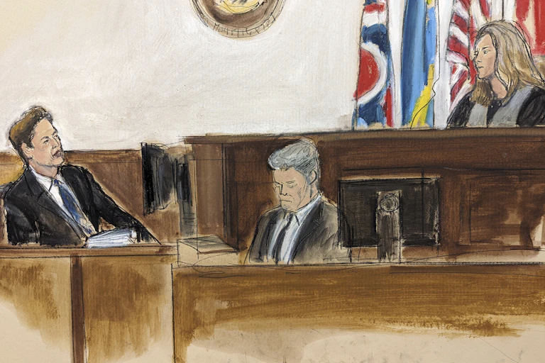 Courtroom sketch with two men in suits and a woman in judicial garb.