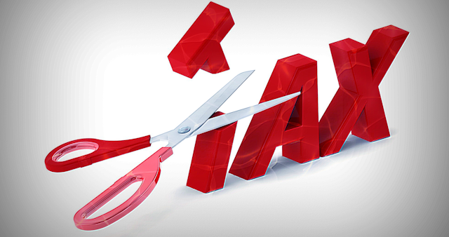 The word tax in large red letter with the t cut in half to represent tax cuts