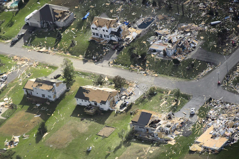 An aerial view of destroyed houses.
