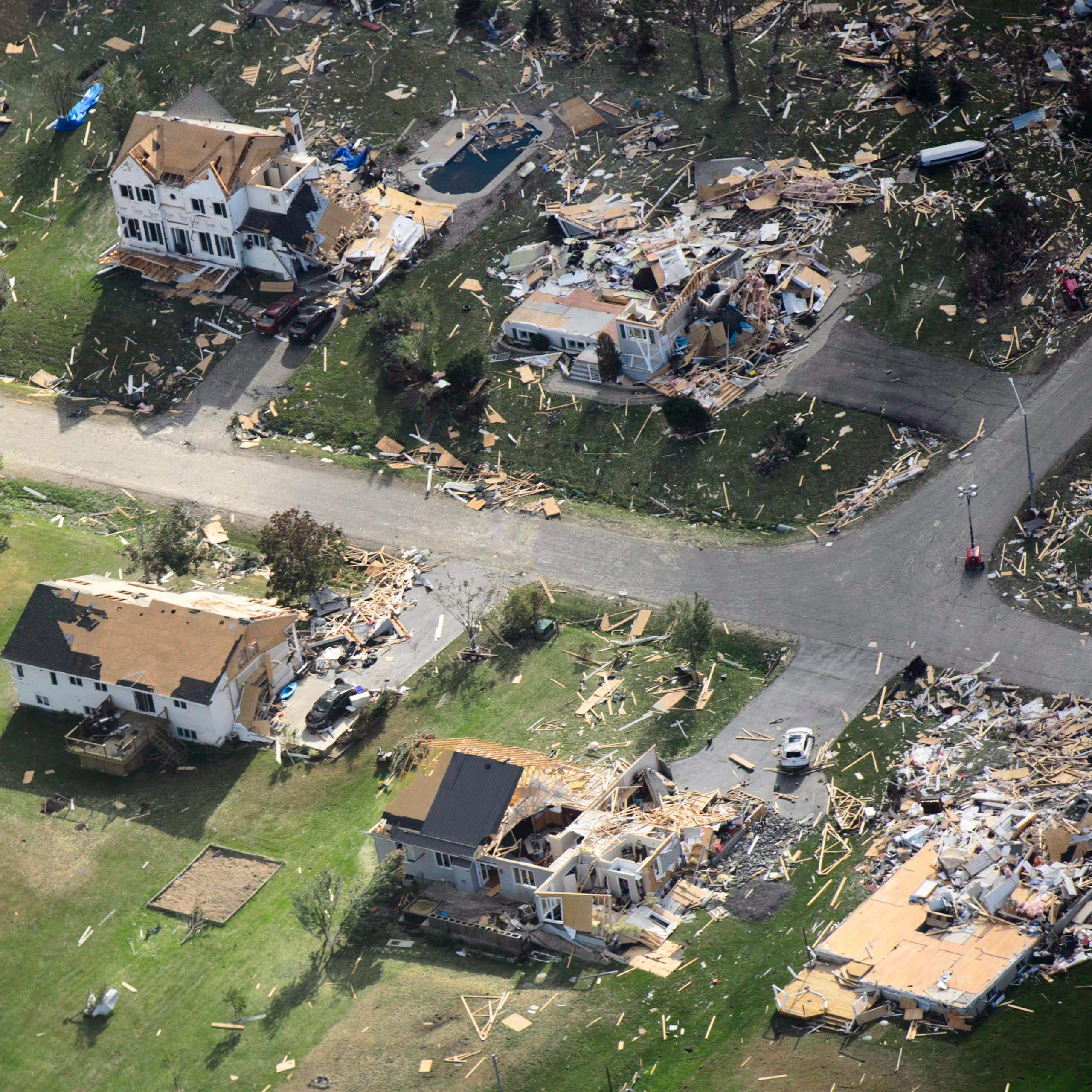 An aerial view of destroyed houses.