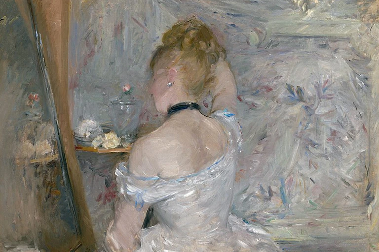 Painting of a woman from behind, showing her wearing a choker necklace and earrings.