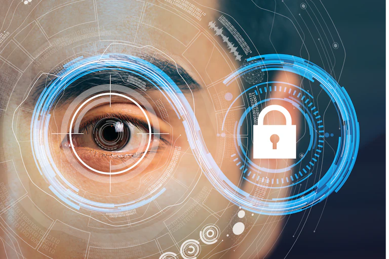 A close up of a human eye with swirling graphics and a padlock