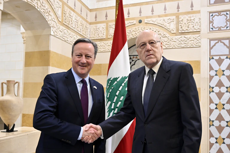 UK foreign secretary David Cameron shakes hands with Lebanese caretaker Prime Minister Najib Mikati