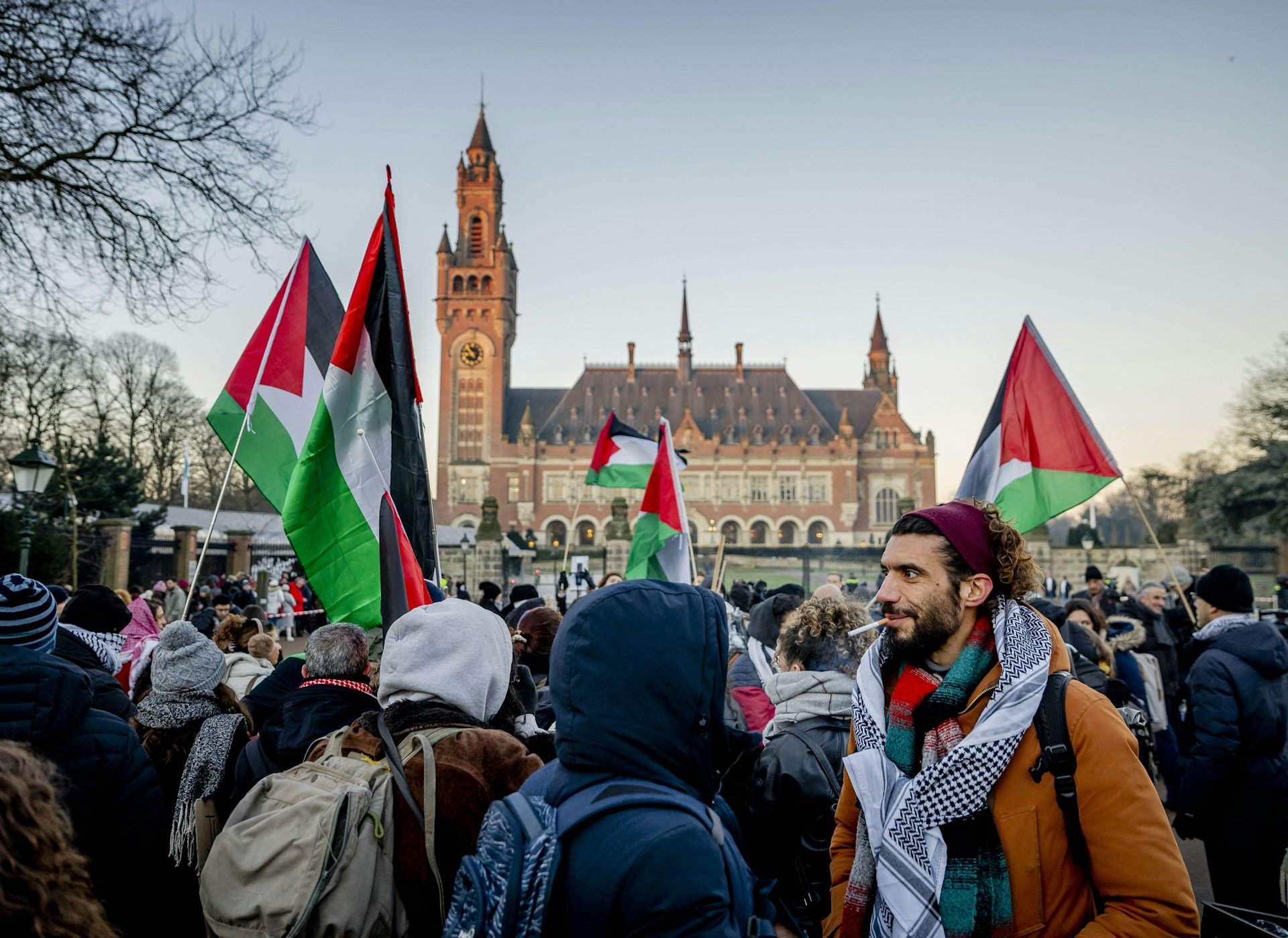 Crowd of people wearing winter clothing carrying Palestinian flags.
