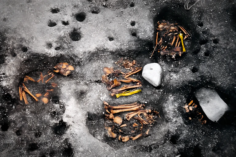 Une photo montre des restes d'os appartenant à des squelettes.