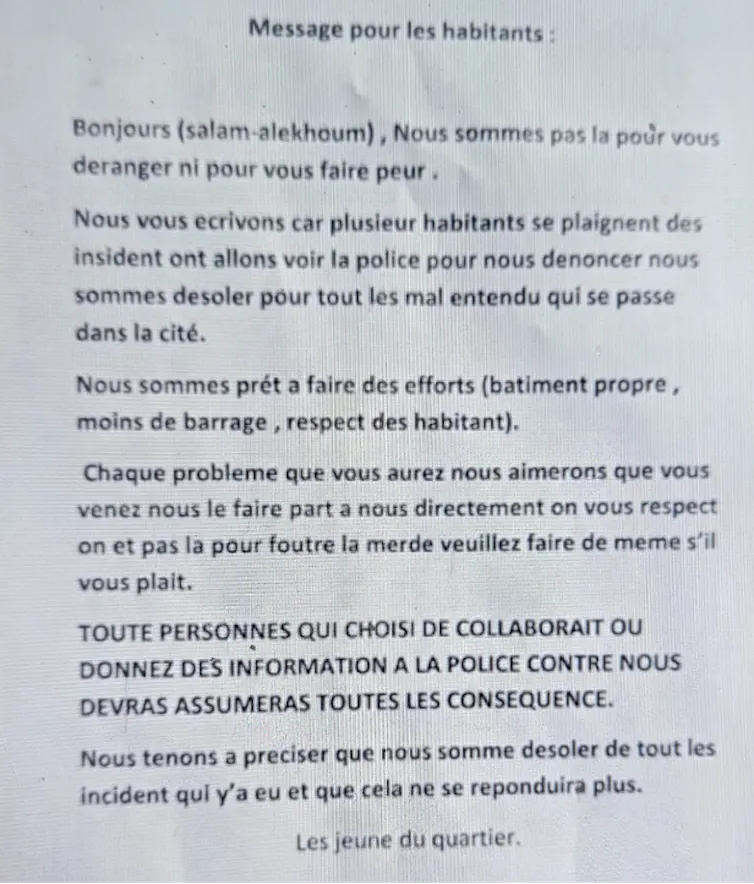 « Message aux habitants » : la lettre a été affichée dans plusieurs halls d’immeubles de Félix-Pyat
