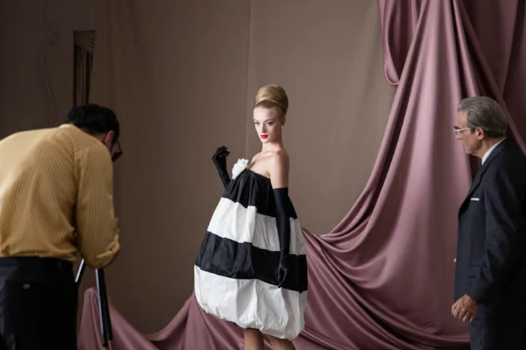 A woman in a very fancy black and white dress being photographed in a studio while the designer looks on.